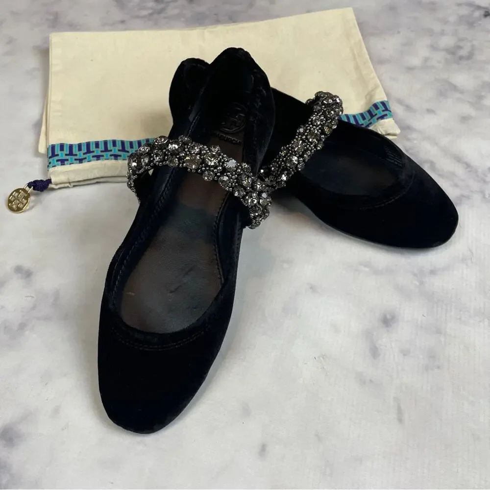 Tory Burch Black Velvet Crystal Strap Mary Jane Flats NWOB Sz 6.5